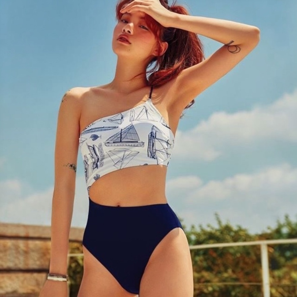 Tory Burch Navy and White One Shoulder Swimsuit